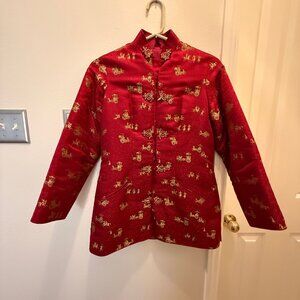 Traditional Chinese Woman's Red/Gold Silk Jacket; Sz S; Frog/flower knot closure